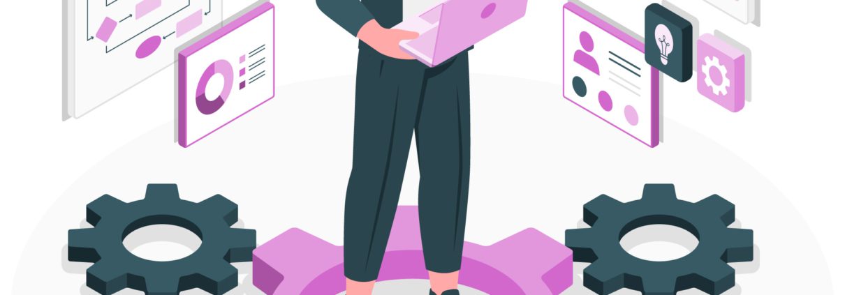 Illustration of a person using a laptop with gears and charts representing change control management.